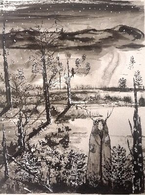 Kaamos, muste paperille, 2020, 55 x 70 cm